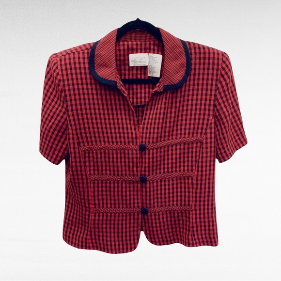 VINTAGE | 1990’s Kathie Lee Collection Black Red Checkered Short Sleeve Shirt - Picture 8 of 9